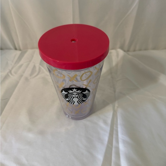 Starbucks Clear Tumbler with Pink Lid and Gold XO Pattern. No straw. - Picture 3 of 3